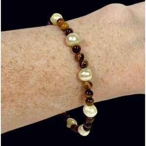 Artisan Beaded Bracelet Pearl Tigers Eye Gemstone Silver Tone Handmade Boho